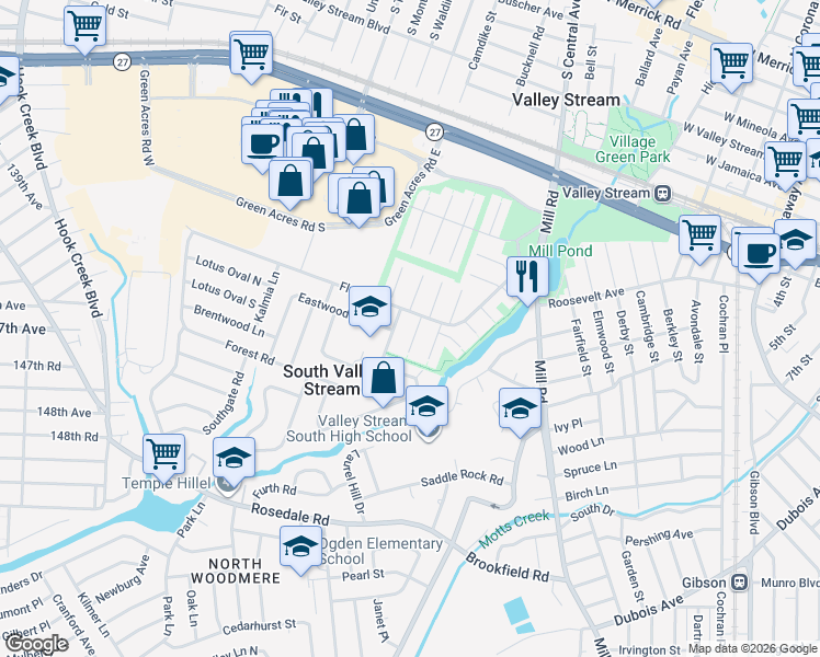 map of restaurants, bars, coffee shops, grocery stores, and more near 19 Firethorne Lane in Valley Stream