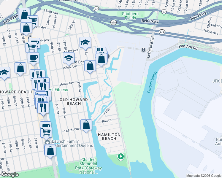 map of restaurants, bars, coffee shops, grocery stores, and more near 160-45 102nd Street in Queens