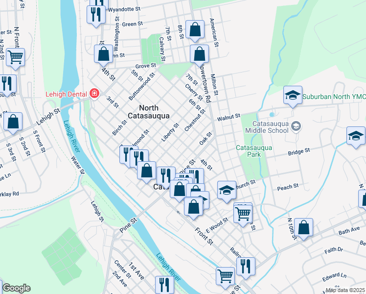 map of restaurants, bars, coffee shops, grocery stores, and more near 330 Walnut Street in Catasauqua