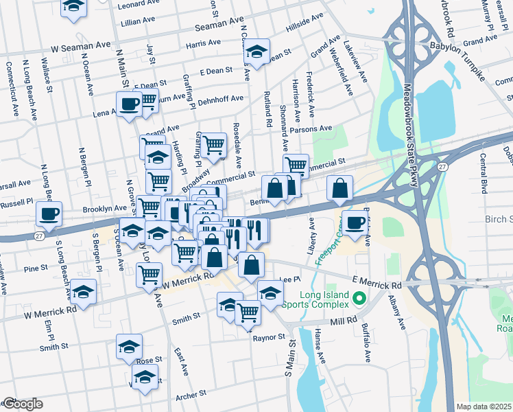 map of restaurants, bars, coffee shops, grocery stores, and more near 19 South Columbus Avenue in Freeport