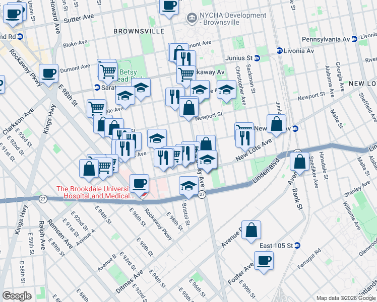 map of restaurants, bars, coffee shops, grocery stores, and more near 890 Rockaway Avenue in Brooklyn