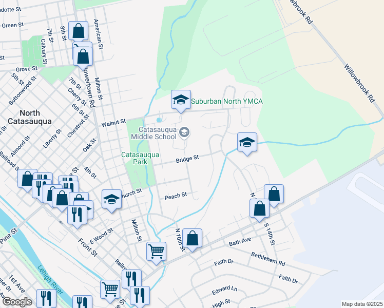 map of restaurants, bars, coffee shops, grocery stores, and more near 902 Bridge Street in Catasauqua