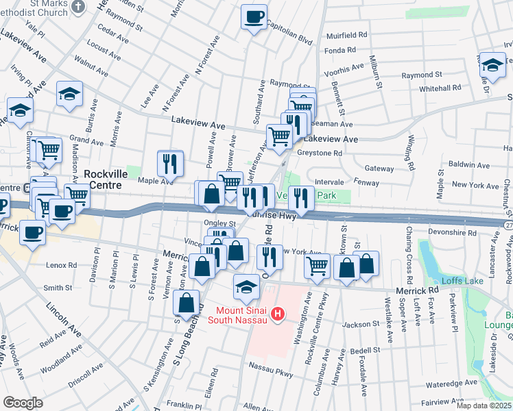 map of restaurants, bars, coffee shops, grocery stores, and more near 91 North Long Beach Road in Rockville Centre