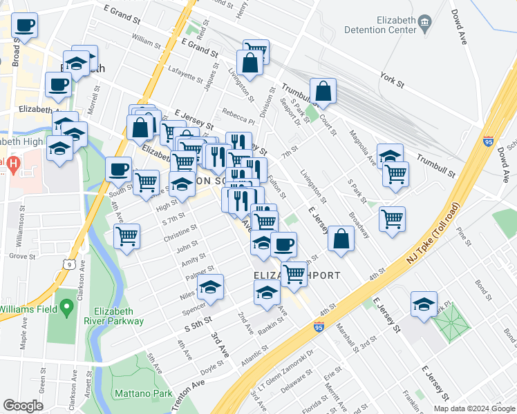 map of restaurants, bars, coffee shops, grocery stores, and more near 631 Marshall Street in Elizabeth