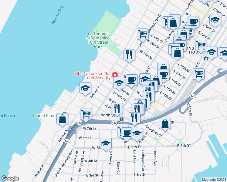 map of restaurants, bars, coffee shops, grocery stores, and more near 330 John F Kennedy Boulevard West in Bayonne