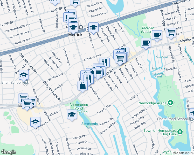 map of restaurants, bars, coffee shops, grocery stores, and more near 2059 Merrick Road in Merrick