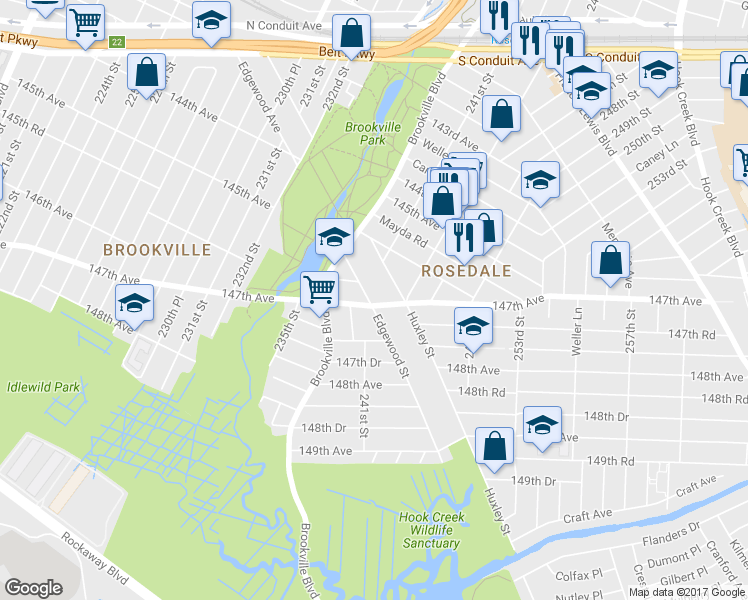 map of restaurants, bars, coffee shops, grocery stores, and more near 240-63 147th Avenue in Queens
