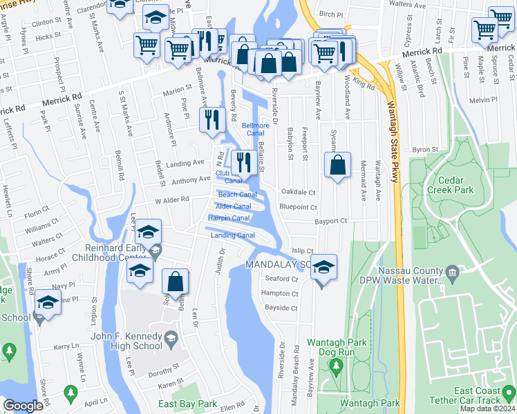 map of restaurants, bars, coffee shops, grocery stores, and more near 2882 Alder Road in Bellmore