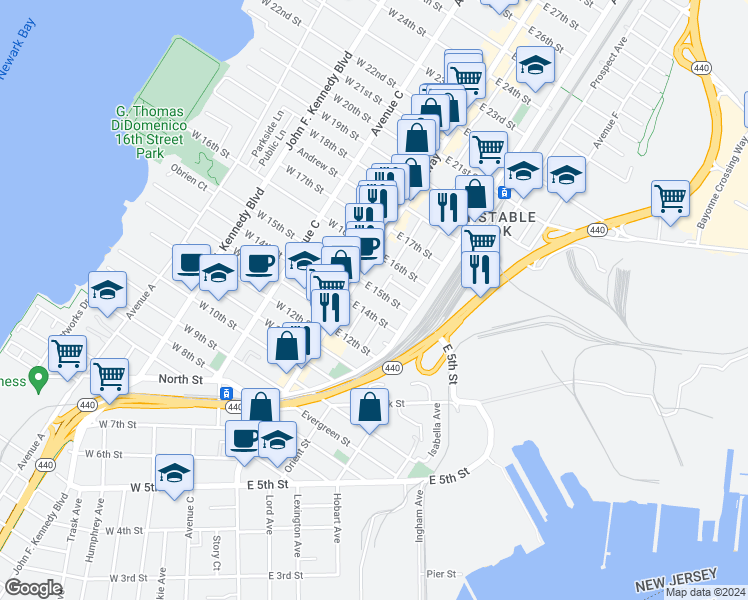 map of restaurants, bars, coffee shops, grocery stores, and more near 22 East 15th Street in Bayonne