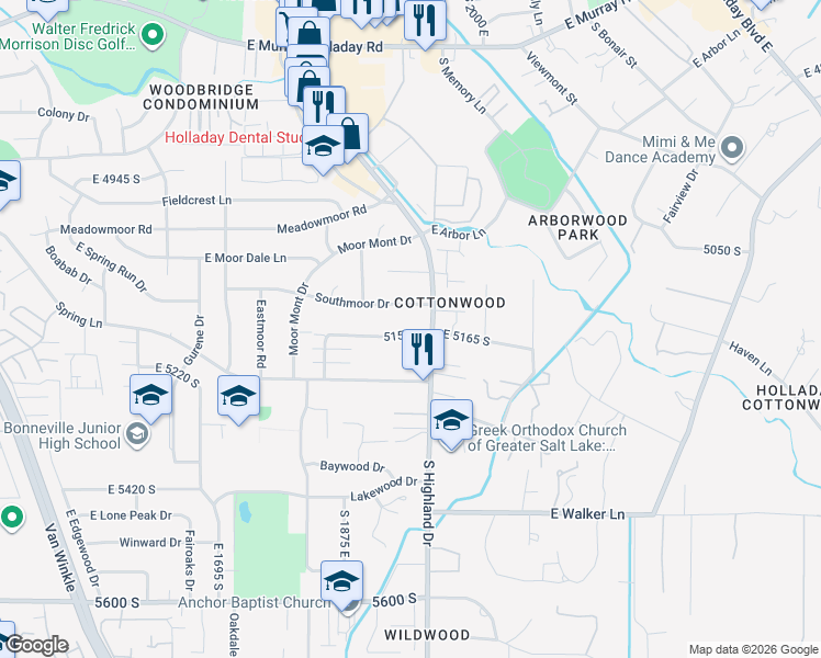 map of restaurants, bars, coffee shops, grocery stores, and more near 1951 5150 South in Holladay