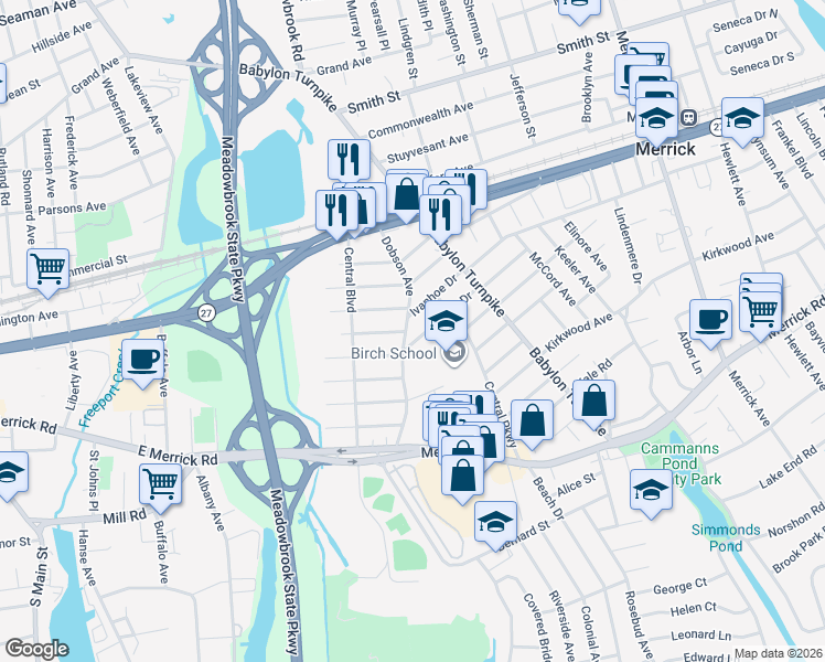map of restaurants, bars, coffee shops, grocery stores, and more near 2345 Dobson Avenue in Merrick
