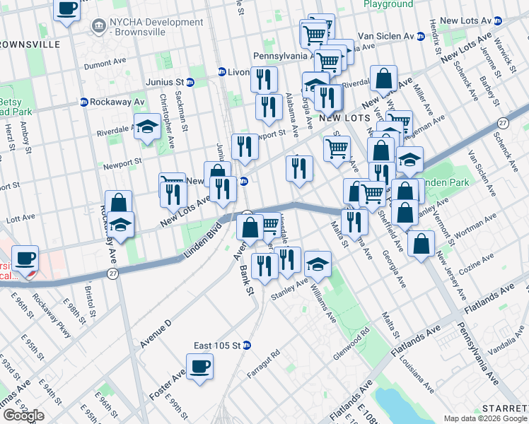 map of restaurants, bars, coffee shops, grocery stores, and more near Linden Blvd & Snediker Ave in Brooklyn
