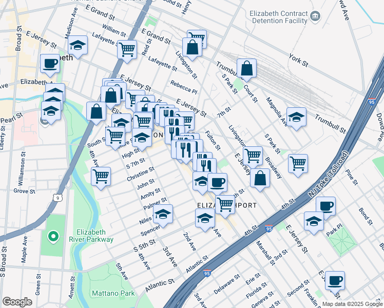 map of restaurants, bars, coffee shops, grocery stores, and more near 638 Marshall Street in Elizabeth