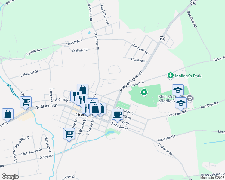 map of restaurants, bars, coffee shops, grocery stores, and more near 219 Grove Street in Orwigsburg
