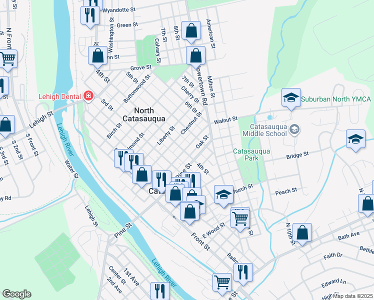 map of restaurants, bars, coffee shops, grocery stores, and more near 405 Walnut Street in Catasauqua