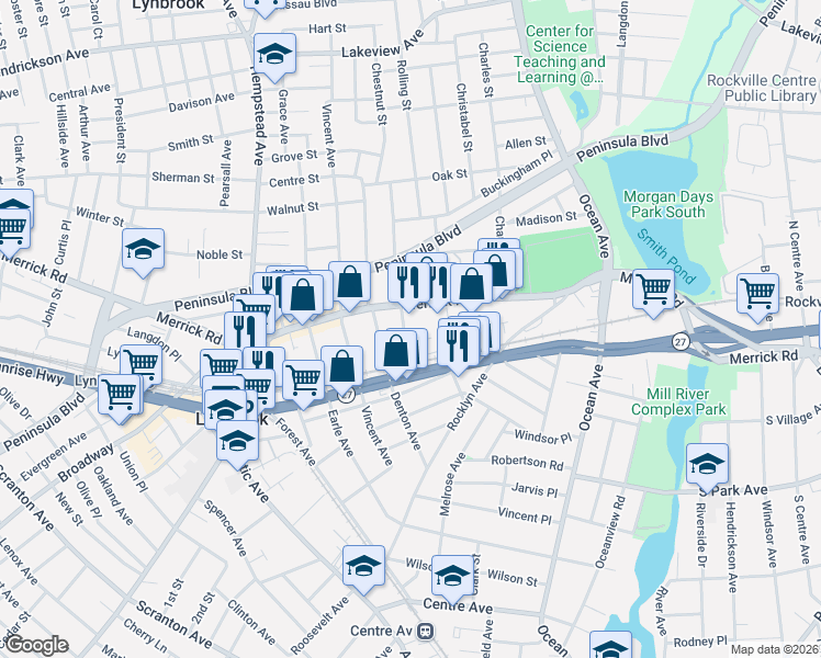 map of restaurants, bars, coffee shops, grocery stores, and more near 20 Watkins Street in Lynbrook