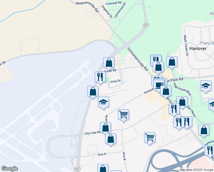 map of restaurants, bars, coffee shops, grocery stores, and more near 2730 Diane Blvd in Allentown