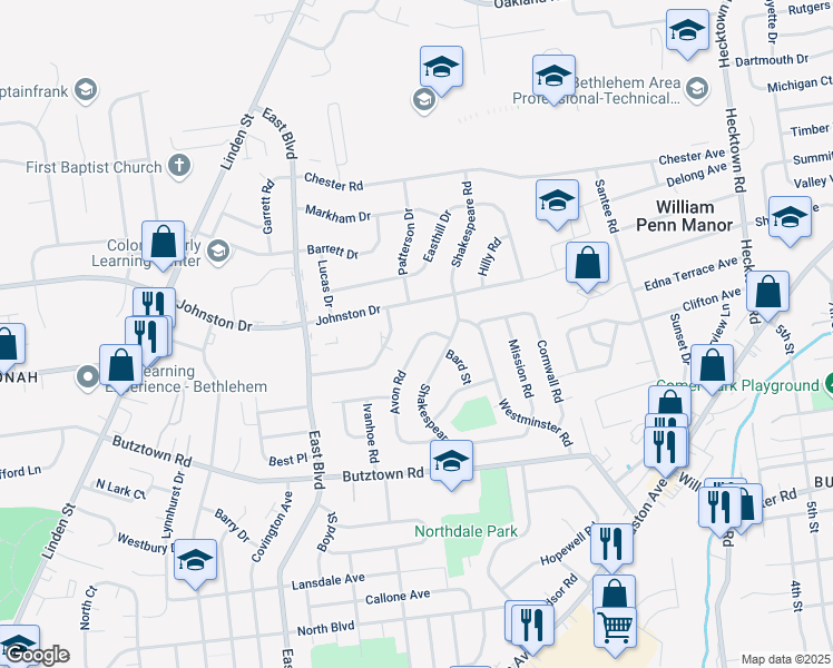 map of restaurants, bars, coffee shops, grocery stores, and more near 3063 Avon Road in Bethlehem