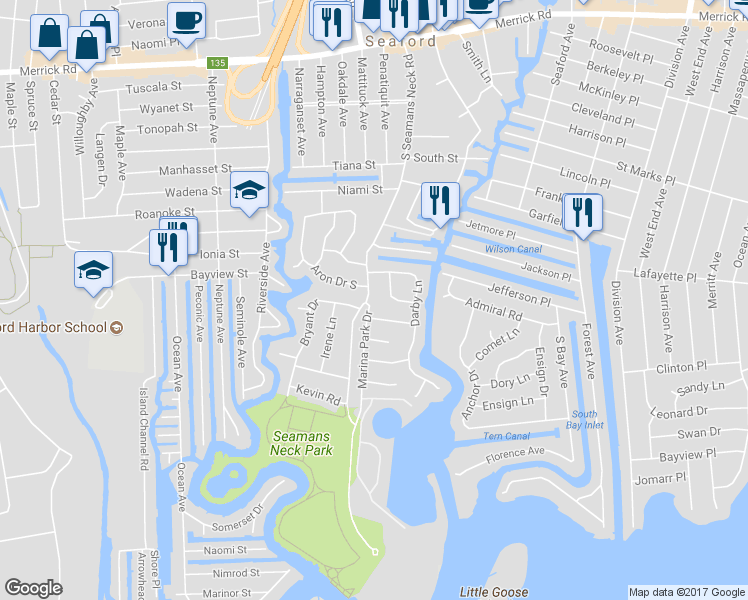 map of restaurants, bars, coffee shops, grocery stores, and more near 2569 South Seamans Neck Road in Seaford