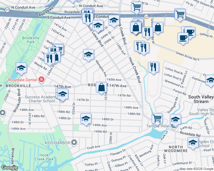 map of restaurants, bars, coffee shops, grocery stores, and more near 257-23 147th Avenue in Queens