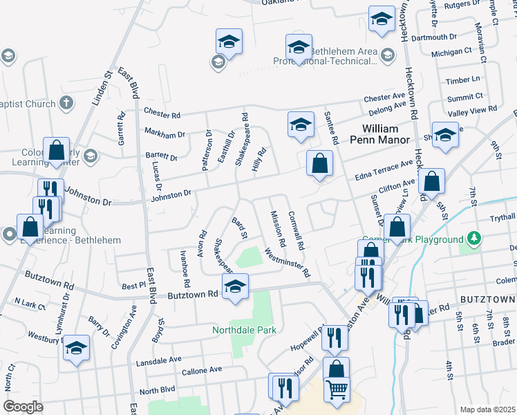 map of restaurants, bars, coffee shops, grocery stores, and more near 3058 Westminster Road in Bethlehem