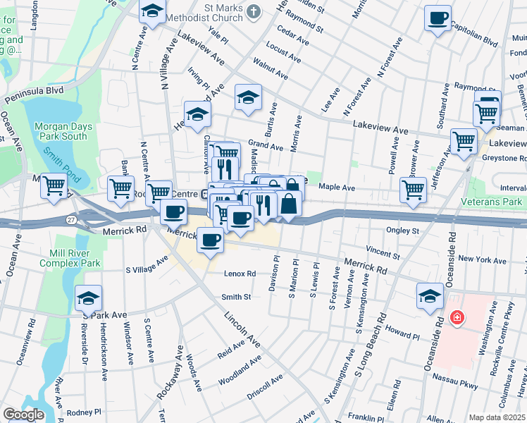 map of restaurants, bars, coffee shops, grocery stores, and more near 309-313 Sunrise Highway in Rockville Centre