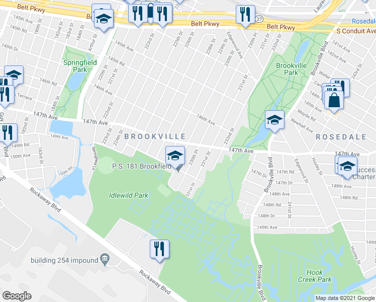 map of restaurants, bars, coffee shops, grocery stores, and more near 147-11 230th Street in Queens