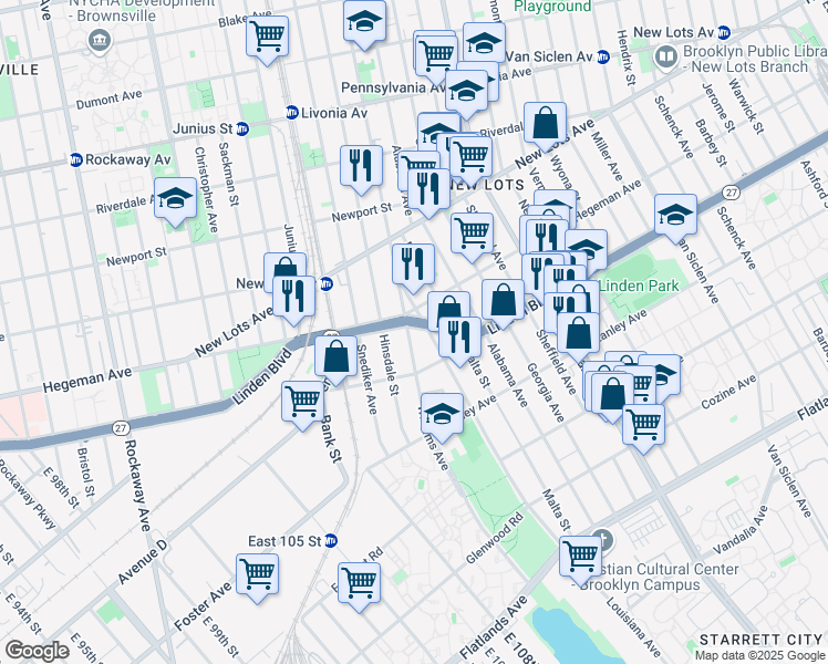 map of restaurants, bars, coffee shops, grocery stores, and more near 737 Williams Ave in Brooklyn