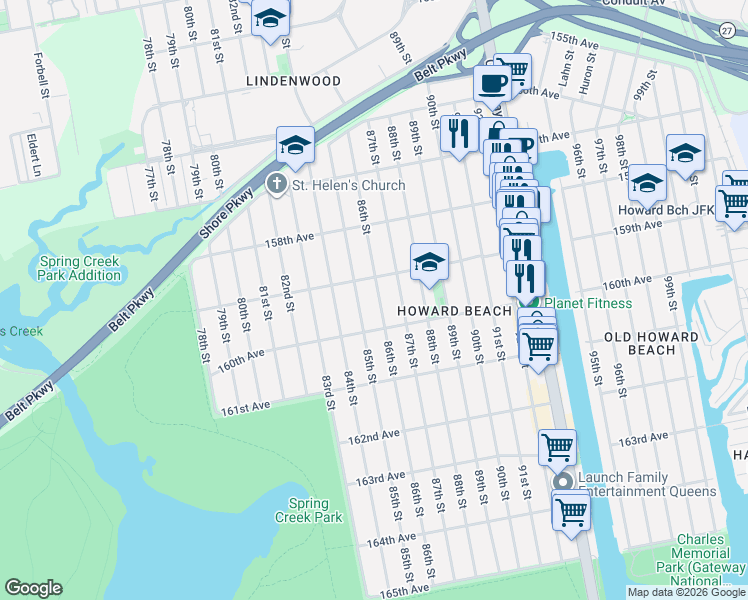 map of restaurants, bars, coffee shops, grocery stores, and more near 159-22 86th Street in Queens
