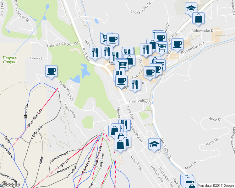 map of restaurants, bars, coffee shops, grocery stores, and more near 1670-1700 Park Avenue in Park City