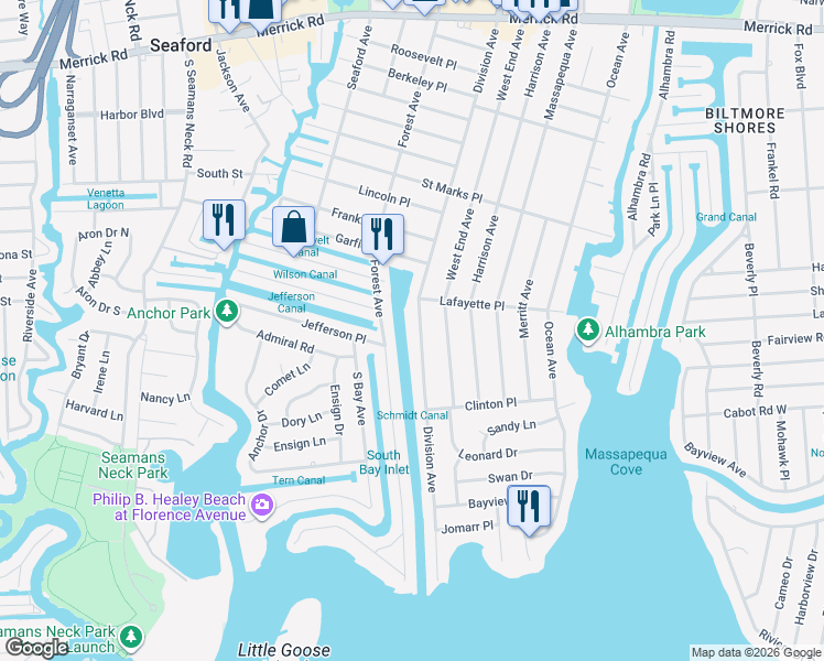 map of restaurants, bars, coffee shops, grocery stores, and more near 132 Division Avenue in Massapequa