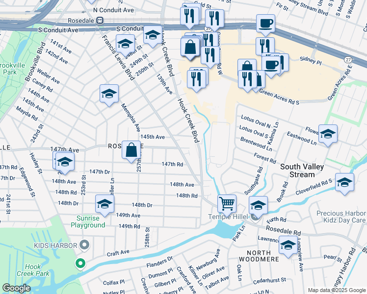 map of restaurants, bars, coffee shops, grocery stores, and more near 258-31 Francis Lewis Boulevard in Queens