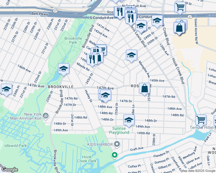 map of restaurants, bars, coffee shops, grocery stores, and more near 146-21 249th Street in Queens