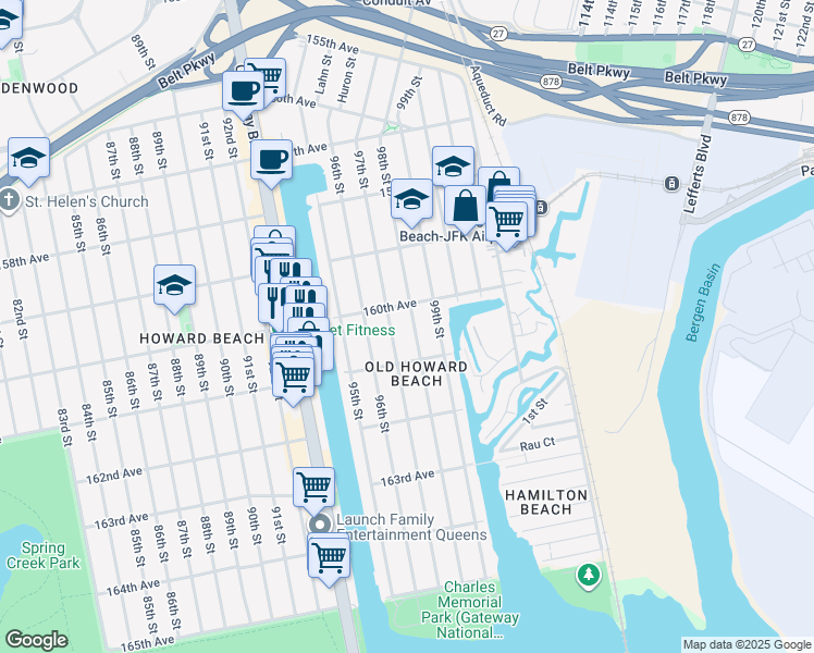 map of restaurants, bars, coffee shops, grocery stores, and more near 160-21 98th Street in Queens
