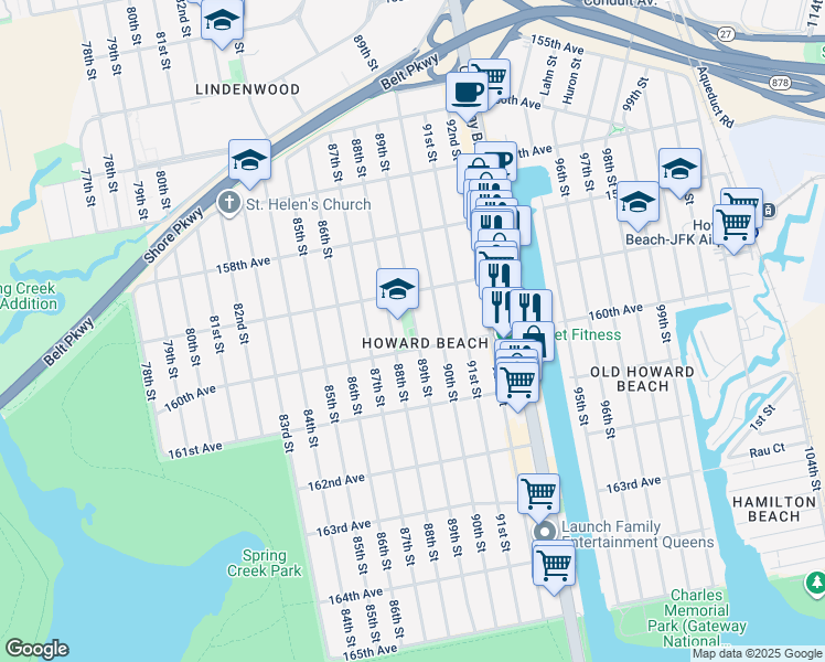 map of restaurants, bars, coffee shops, grocery stores, and more near 159-98 89th Street in Queens