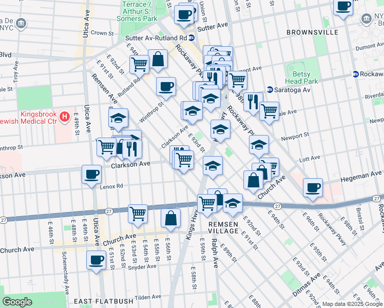 map of restaurants, bars, coffee shops, grocery stores, and more near 330 East 92nd Street in Brooklyn
