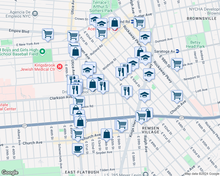 map of restaurants, bars, coffee shops, grocery stores, and more near 37 East 55th Street in Brooklyn