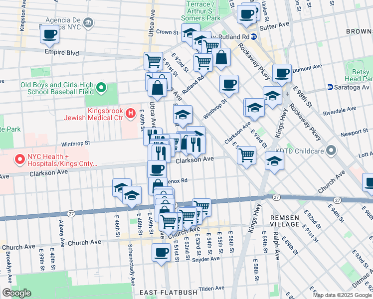 map of restaurants, bars, coffee shops, grocery stores, and more near 151 East 52nd Street in Brooklyn