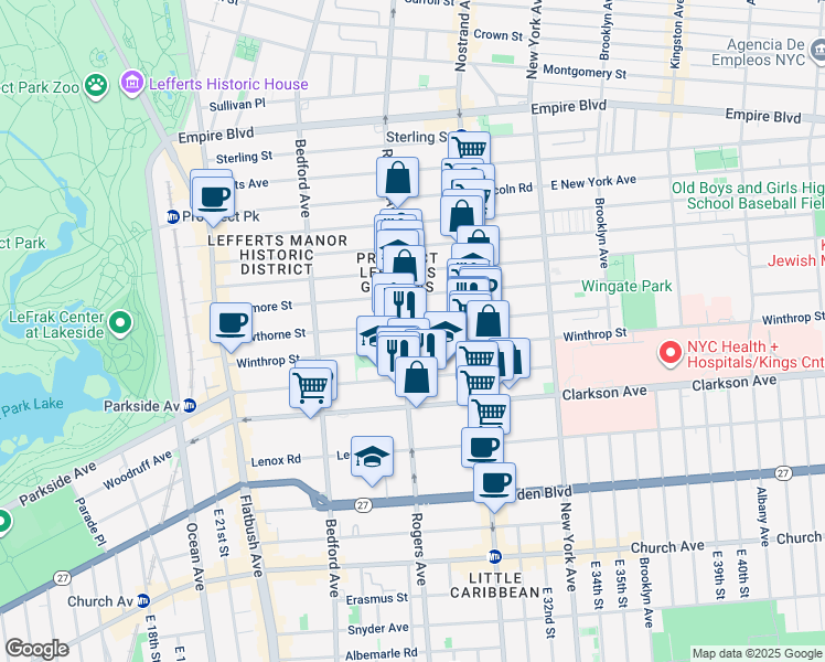 map of restaurants, bars, coffee shops, grocery stores, and more near 583 Rogers Avenue in Brooklyn