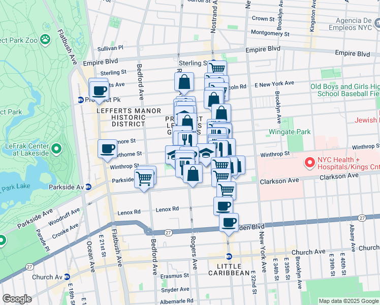 map of restaurants, bars, coffee shops, grocery stores, and more near 583 Rogers Avenue in Brooklyn