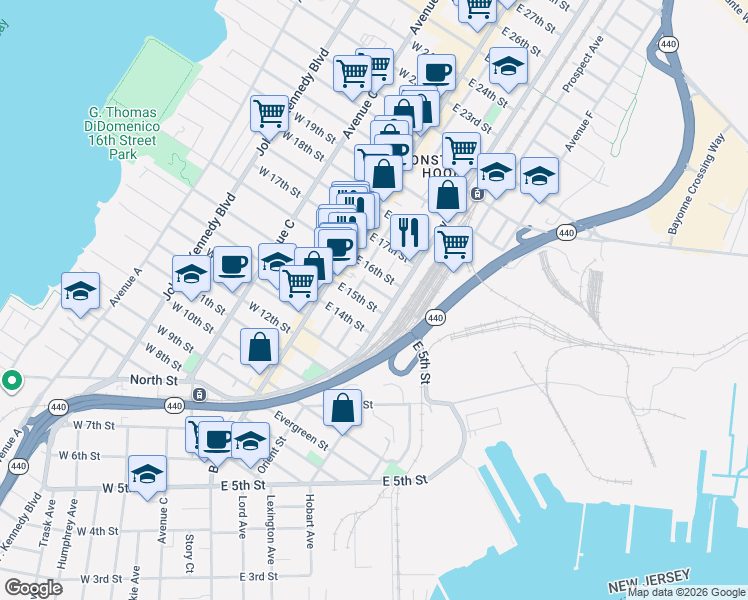 map of restaurants, bars, coffee shops, grocery stores, and more near 24 Sisson Court in Bayonne