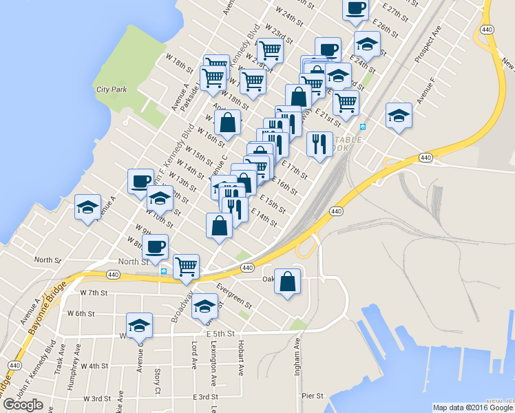 map of restaurants, bars, coffee shops, grocery stores, and more near 22 East 15th Street in Bayonne