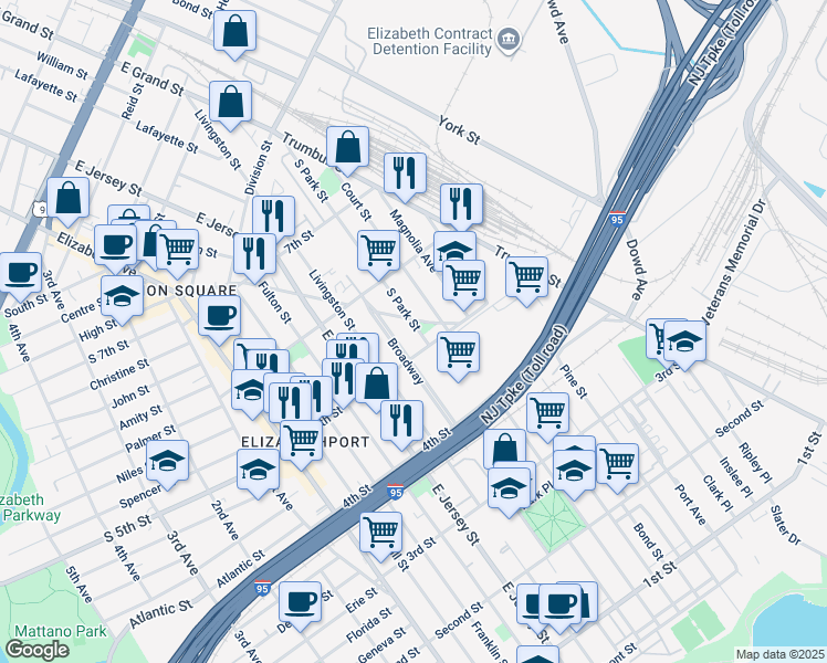 map of restaurants, bars, coffee shops, grocery stores, and more near 512 South Park Street in Elizabeth