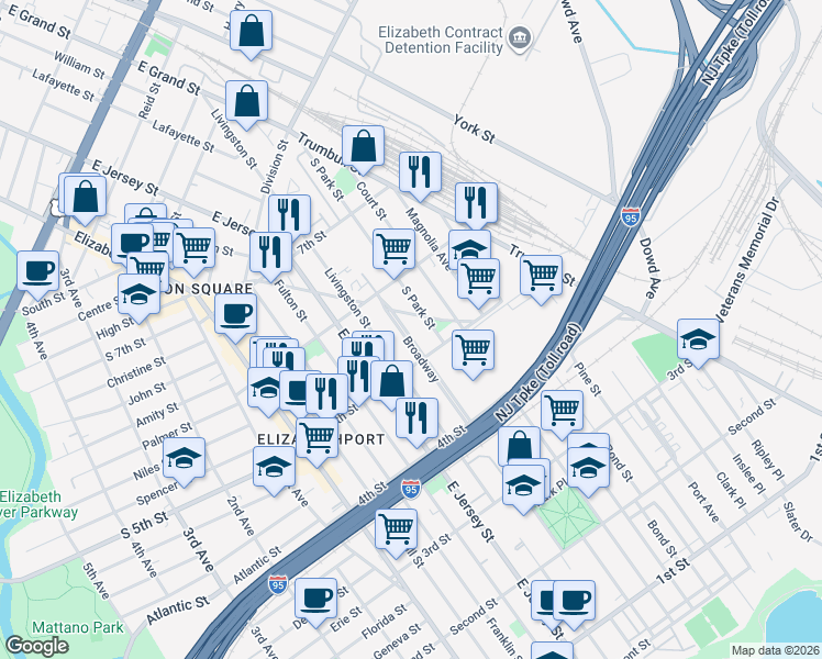map of restaurants, bars, coffee shops, grocery stores, and more near 532 Broadway in Elizabeth