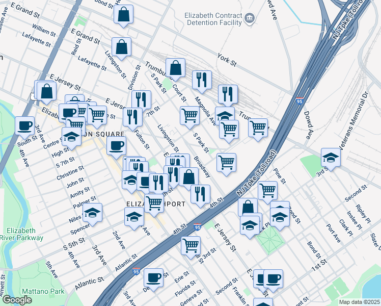 map of restaurants, bars, coffee shops, grocery stores, and more near 532 Broadway in Elizabeth