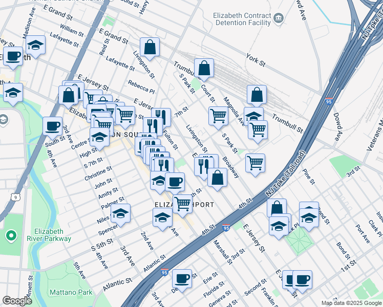 map of restaurants, bars, coffee shops, grocery stores, and more near 601 Fulton Street in Elizabeth