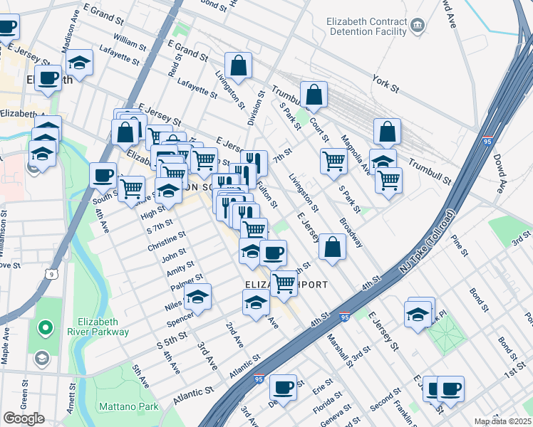 map of restaurants, bars, coffee shops, grocery stores, and more near 618 Franklin Street in Elizabeth