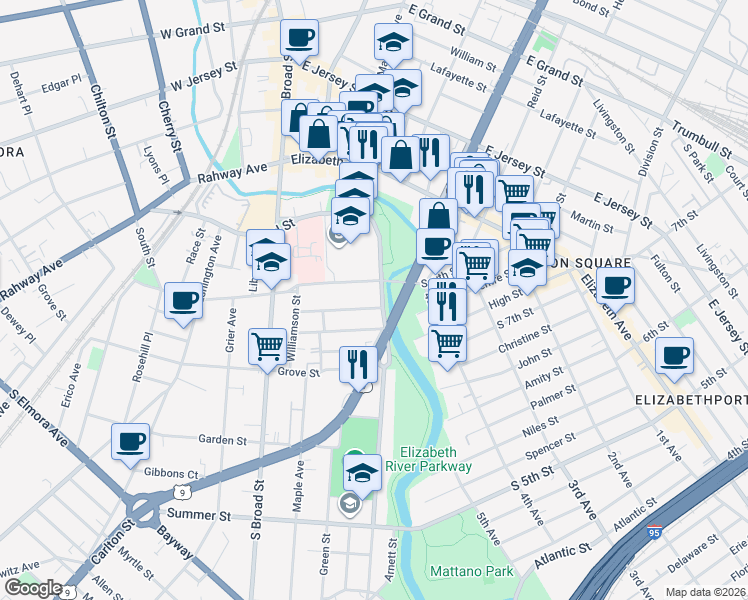 map of restaurants, bars, coffee shops, grocery stores, and more near 313-315 Pearl Street in Elizabeth