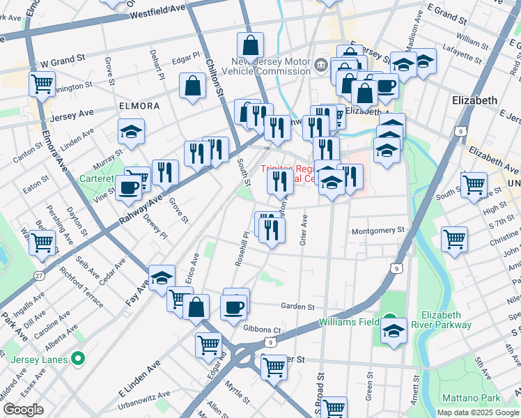 map of restaurants, bars, coffee shops, grocery stores, and more near 932 South Street in Elizabeth