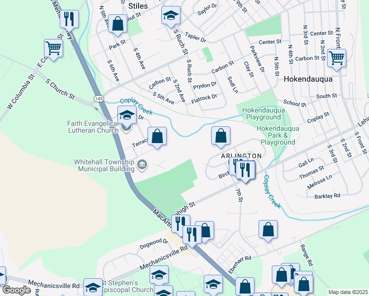 map of restaurants, bars, coffee shops, grocery stores, and more near 3305 Municipal Drive in Hokendauqua